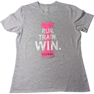 Under Armour "Run Train Win I Will" Size Large Graphic T-Shirt In Gray And Pink